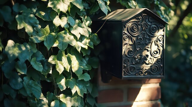 Close-up of a vintage black mailbox with ornate metalwork on a brick column covered in ivy, dappled sunlight casting soft shadows.

