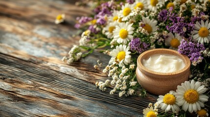 Natural Herbal Cream in Wooden Bowl with Wildflowers on Rustic Wooden Background