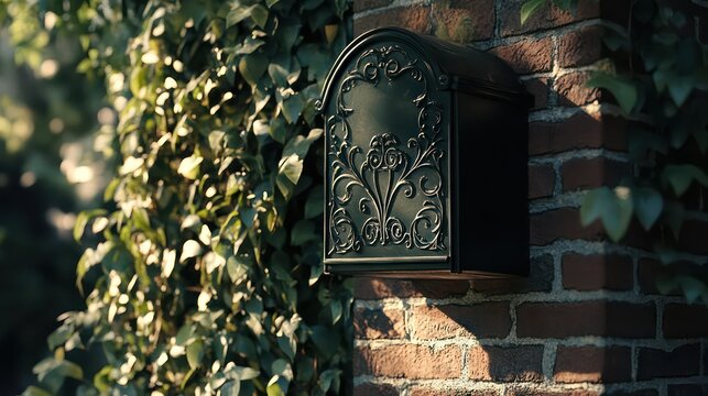 Close-up of a vintage black mailbox with ornate metalwork on a brick column covered in ivy, dappled sunlight casting soft shadows.

