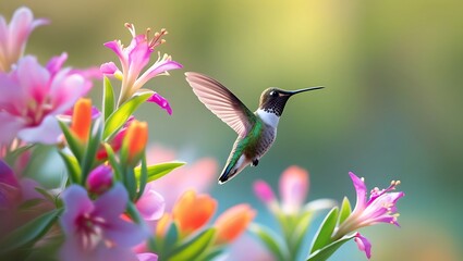 Fototapeta premium Hummingbird Hovering Near Vibrant Flowers, Wings Frozen Mid-Flight, Bright Spring Colors, Blurred Foliage