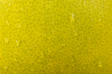 an unripe green grapefruit covered with water droplets