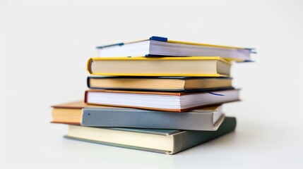 A neatly stacked pile of textbooks with bookmarks, centered on a white background.