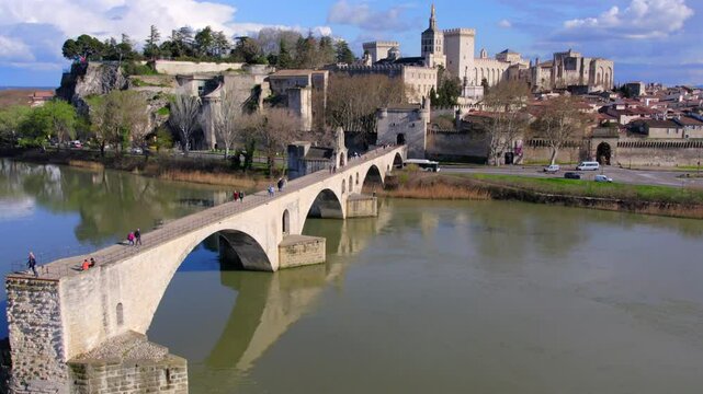 Aerial view of  Avignon France during springtime - Palais des Papes and the Pont D'Avignon on the river rhone in Avignon