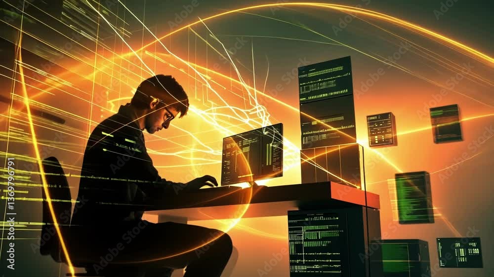 Fototapete Silhouette of software developer or network engineer programming on computer in server room with futuristic network data visualization, overlaying urban aerial view and source code