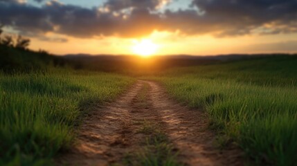 Sunset path through a grassy field