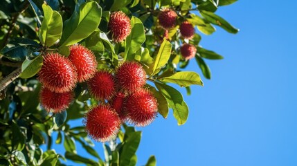 Obraz premium Bright Red Fruits on Tree Against Clear Blue Sky in Sunny Daylight