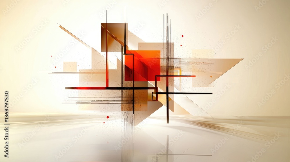 Poster dynamic abstract orange and white composition featuring floating squares, intersecting triangles, an