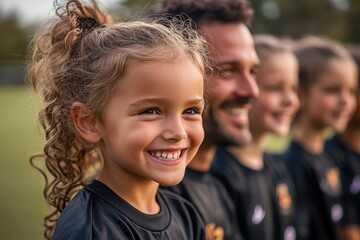 A little soccer player with her teammates and the coach