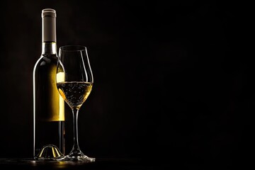 Elegant display of a white wine bottle and glass against a dark background, highlighting sophistication