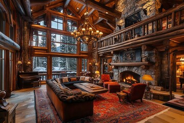 Fototapeta premium A cozy cabin interior features wooden structures and a fireplace
