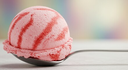 A vibrant scoop of strawberry ice cream sits on a silver spoon, the swirls of pink and red adding an eye-catching contrast.