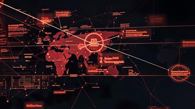 Glowing red digital world map highlighting critical areas affected by cyber attack, signifying data breach and global security threat with lines, dots and data