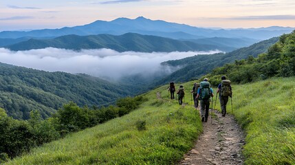 Obraz premium Hikers on Mountain Trail Amidst Misty Valley and Wildflowers