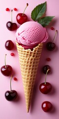 Pink ice cream scoop in waffle cone on pink background, decorated with fresh cherries