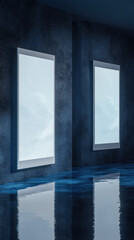 Two vertical light panels mounted on a dark wall above a reflective water surface