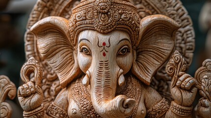 The natural texture of an eco-friendly Ganesh idol made from plant-based materials, captured in a close-up