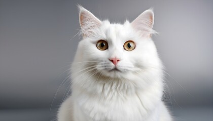 White cat sitting on a clean, minimalist background, with soft even lighting highlighting.