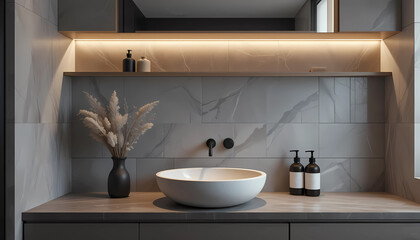 Fototapeta premium A contemporary bathroom interior featuring a sleek marble countertop with a vessel sink and a decorative dried branch vase. Warm lighting enhances the minimalist decor's elegance and tranquility.