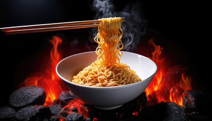 "Fiery Elegance: Ultra-Detailed noodles Suspended Above Red-Hot Coals"