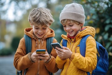 Children with mobile phone. Two boys smiling, looking to screen, playing games or using application. Outdoor. Technology education leisure people