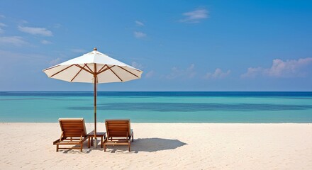 Fototapeta premium Tropical Beach Paradise with Lounge Chairs and Umbrella