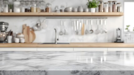 Elegant marble tabletop with a blurred white kitchen background for modern interior design.

