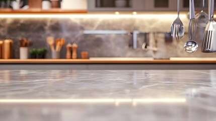 Elegant marble tabletop with a blurred white kitchen background for modern interior design.

