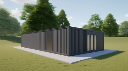 Fototapeta premium Modern Dark Grey Shipping Container Home in Green Landscape