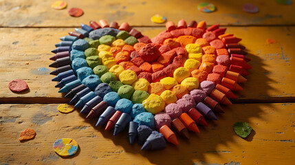 Heart-Shaped Rainbow Crayons on Wooden Surface with Warm Lighting