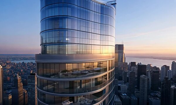 Modern skyscraper with glass fa?ade reflecting sunset over a bustling city skyline