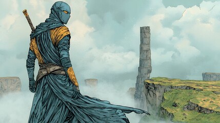 Fototapeta premium Lone Figure in Teal Armor Amidst Misty Ruins