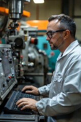 Professional Mechanical Engineer team Working on Personal Computer at Metal lathe industrial manufacturing factory. Engineer Operating  lathe Machinery. Product quality