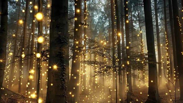 Soft, glowing lights dance through the towering trees of a tranquil forest as dusk settles, enhancing the enchanting atmosphere of the surroundings.