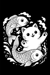 cute cat with koi fish, kawaii, japan, t-shirt, print, logo, design, shop, illustration