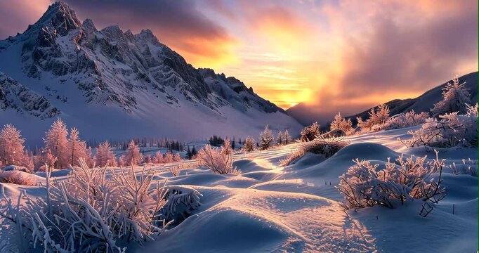 A serene mountain scene painted in pastels, where the first light of day kisses the snowy peaks, casting long shadows over the quiet, rugged landscape