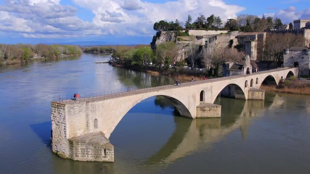 Aerial view of  Avignon France during springtime - Palais des Papes and the Pont D'Avignon on the river rhone in Avignon