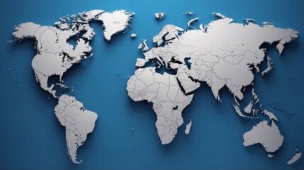 A stylized white world map on a vibrant blue background, highlighting continents and oceans with a modern touch.