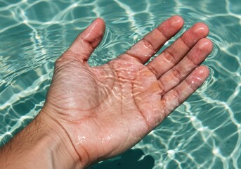 A hand gently rests in the clear turquoise water of a swimming pool on a sunny day.