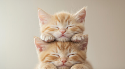 Obraz premium 幸せそうに眠る二匹の茶トラ子猫タワー | やわらかな光