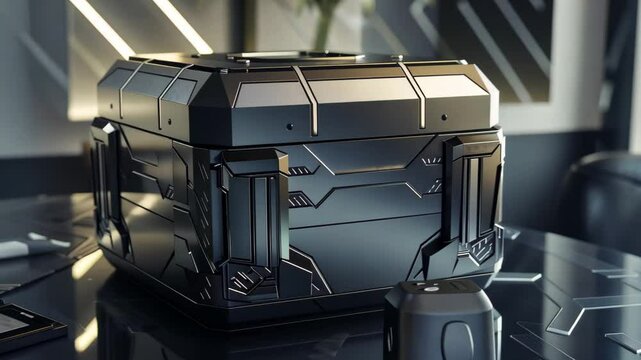 A sleek black storage container with intricate designs sits on a stylish table, bathed in soft natural light in a contemporary interior, evoking a sense of innovation and mystery.