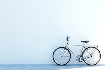 Obraz premium Bicycle parked against a white wall, minimalist design, modern transportation, healthy lifestyle concept
