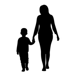 A silhouette of a mother and child walking hand in hand, symbolizing family and care. The stark contrast highlights their bond