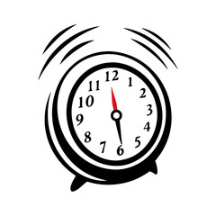 An alarm clock graphic with a ringing effect, showcasing time, punctuality and urgency. The black and white illustration is simple but impactful