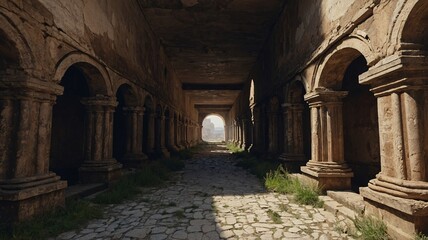 Obraz premium An ancient corridor with weathered stone columns and a serene light at the end, creating a mystical atmosphere.