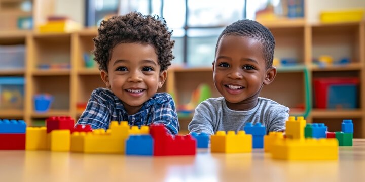 Adorable african american boys playing with construction blocks sitting on table at kindergarten