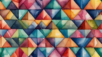 Fototapeta premium A vibrant watercolor pattern featuring colorful triangles in various shades, creating a dynamic and artistic texture.