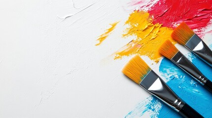 Fototapeta premium Colorful Paintbrushes on Textured Canvas with Vibrant Acrylic Paint Strokes
