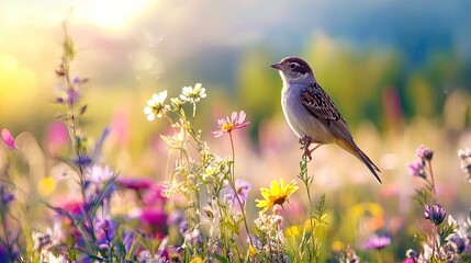 Beautiful Songbird Perched Among Colorful Wildflowers at Sunrise