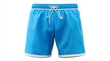 Realistic blue sports shorts with drawstring waistband on white background.
