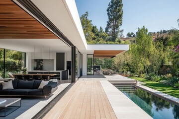 Modern architectural design of a sleek home with outdoor pool and lush garden backdrop